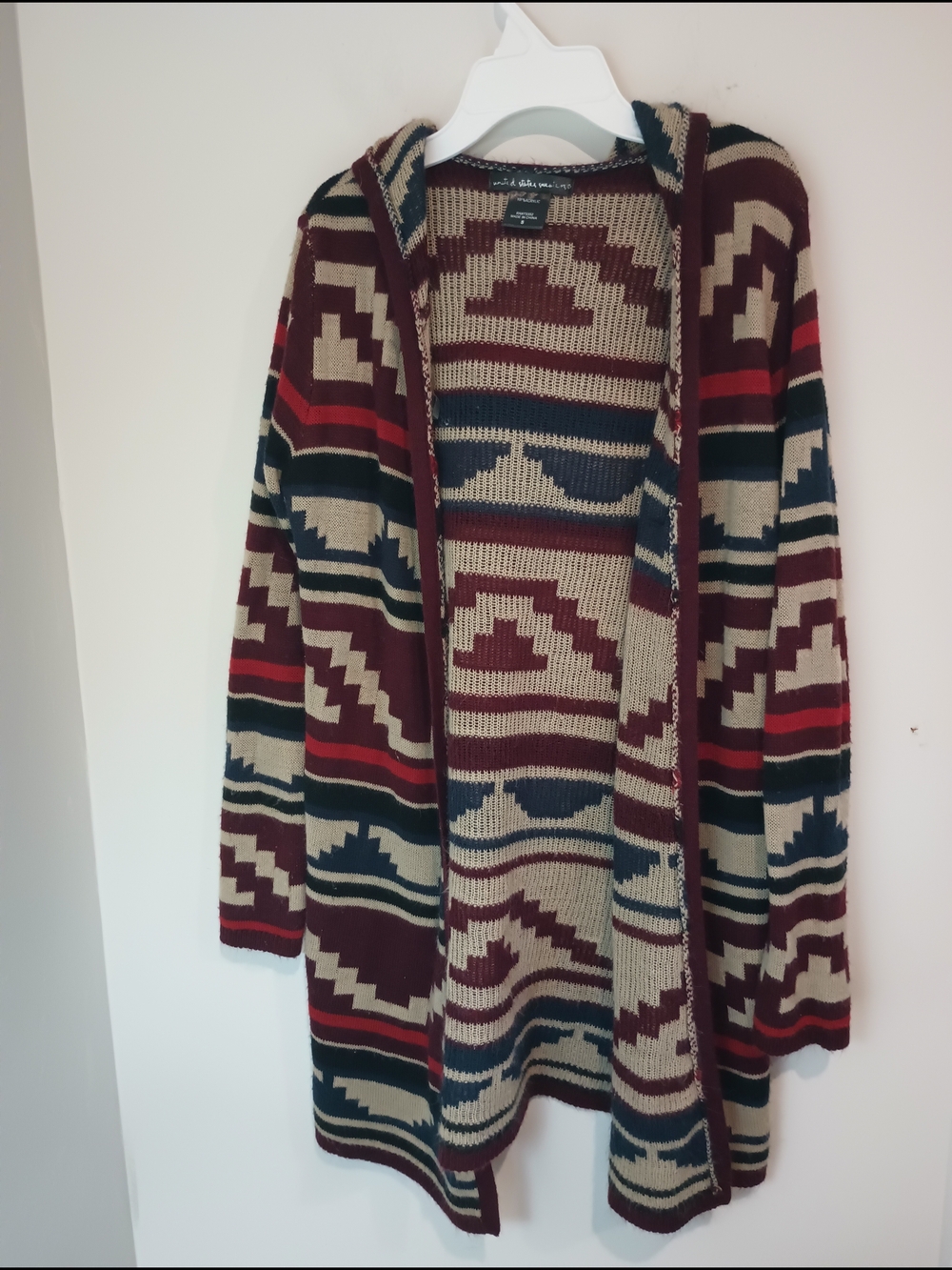 United States Sweaters Size S Boho Aztec Hooded Long Cardigan Burgundy Pattern